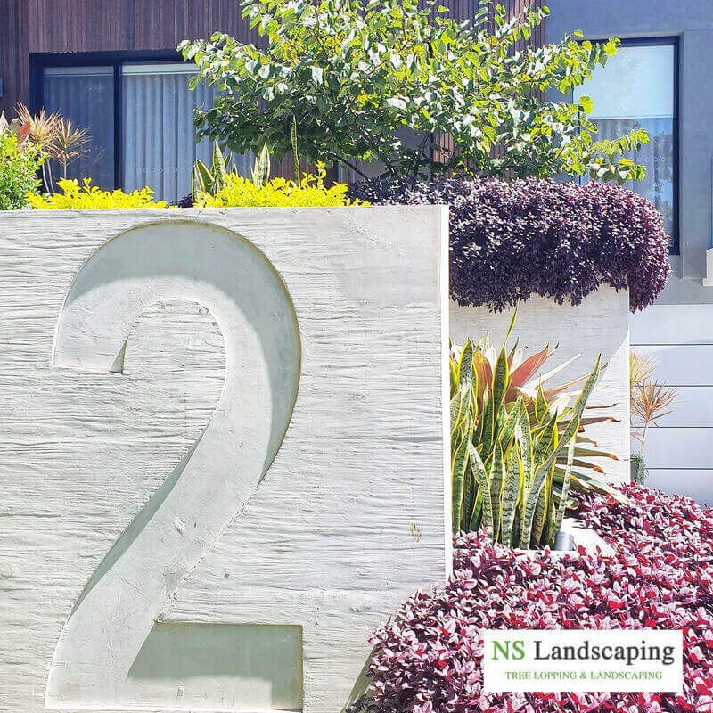 Rendered letterbox surrounded by layered garden planting
